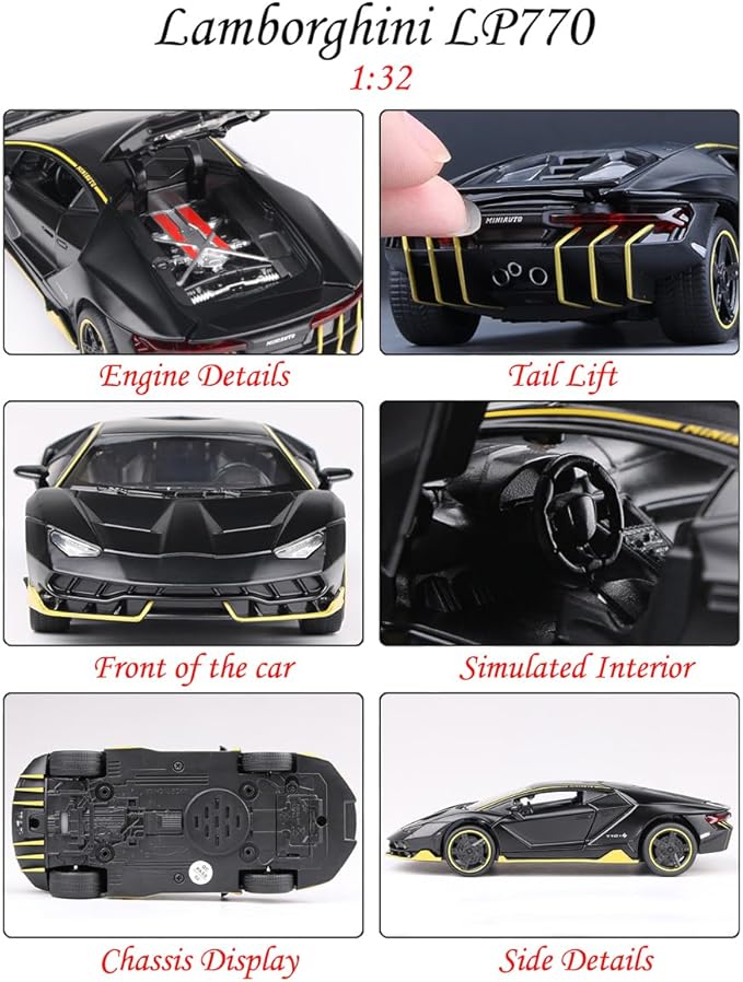 Alloy Collectible Black Lambo Toy Pull Back Vehicles Diecast Cars Model with Light & Sound