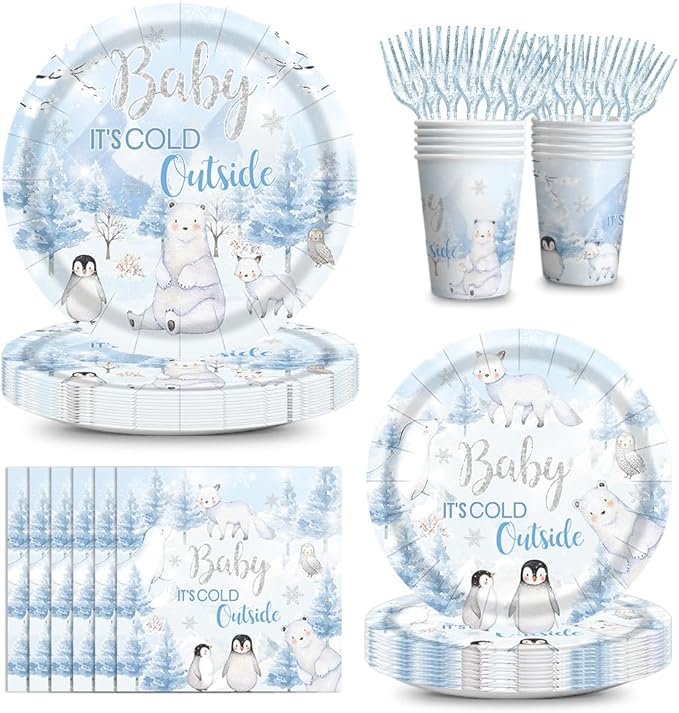 120pcs Winter Woodland Baby Shower Decorations Arctic Animals Plates Napkins Baby It's Cold Outside Cup Snowflake Penguin Arctic Fox Tableware Set Disposable Forks for 24 Guests