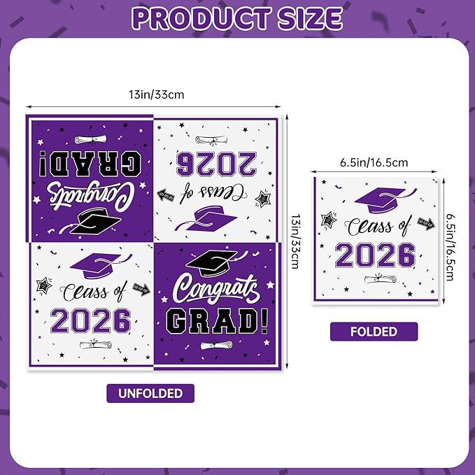 50 Pcs Graduation Napkins Decorations - Purple Class of 2026 Congrats GRAD 3-Ply Paper Cocktail Dinner Napkins Set for 2026 Graduation Party Supplies Table Decor Favors, 6.5 x 6.5 Inch