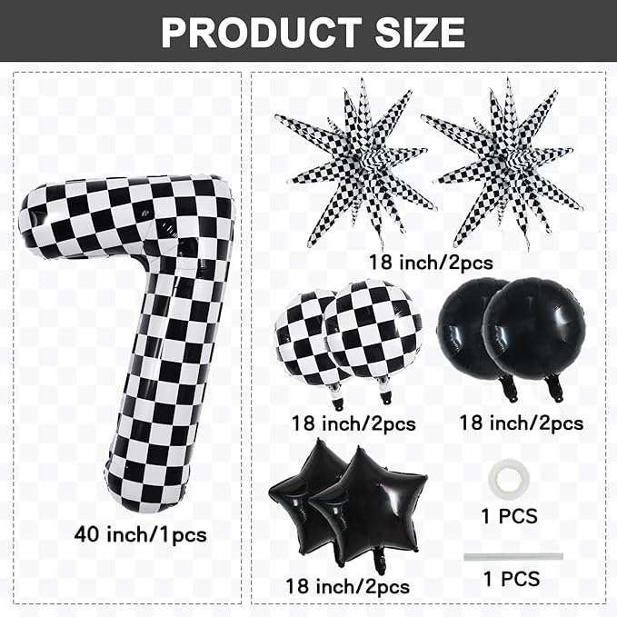 TONIFUL 40 Inch Checkered 7th Birthday Balloons Set Number 7 Race Car Black White Checkered Round Explosion Star Balloons Boys Race Car Themed Birthday Party Decoraction