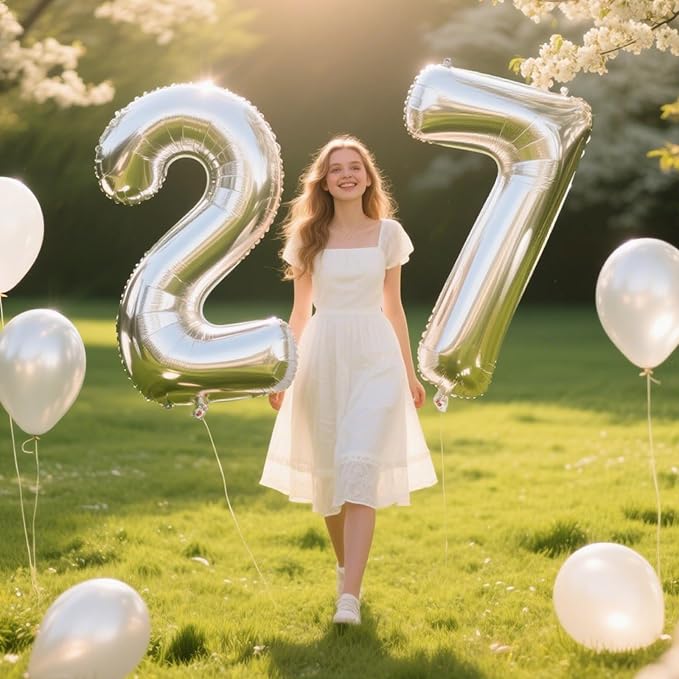 40 Inch Silver Number 27 Digital Balloon,Jumbo Mylar Foil Helium Balloon for 27 Balloons for Birthday Party,Wedding Anniversary Party Decorations