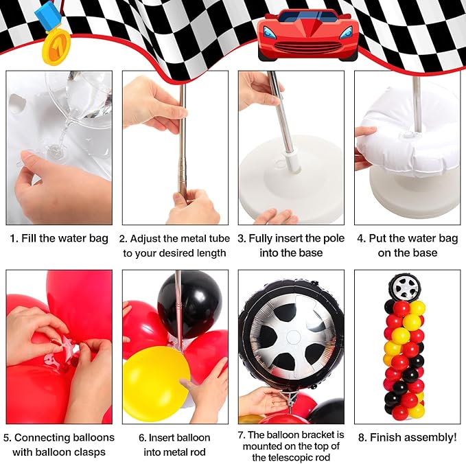 Ctosree 133 pcs Race Car Party Balloons Stand Kit Car Race Balloons Party Supplies Red Black Yellow Decoration
