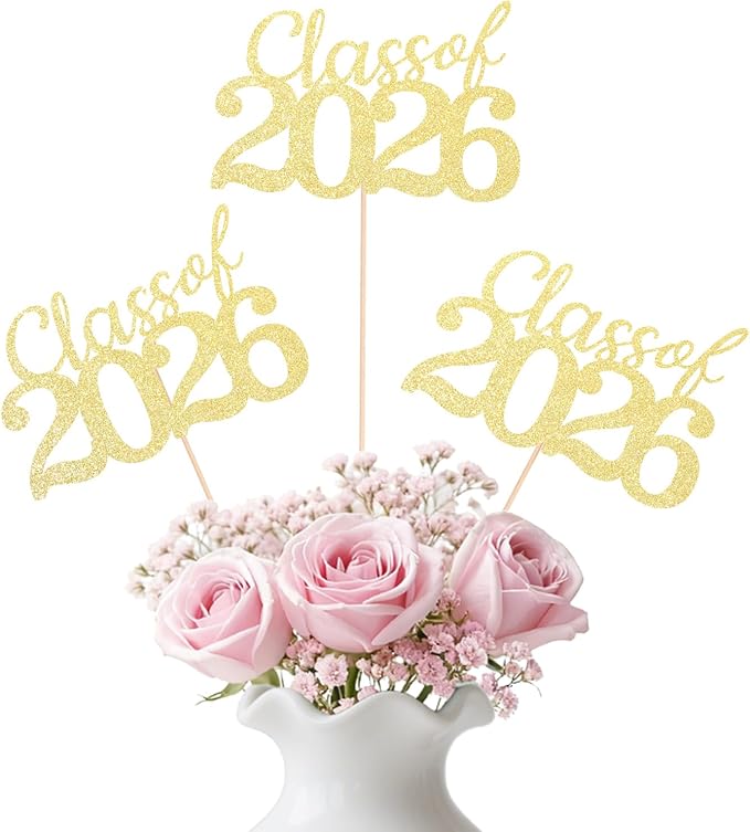 Gold Class of 2026 Double-sided Graduation Table Centerpieces, 12 Pcs Grad Party Decorations with Sticks, Graduation 2026 Party Supplies for Table Decor