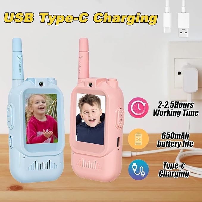 Video Walkie Talkies for Kids Pack of 2, Long Range 2 inch Screen Rechargeable Video Chat Intercom, Indoor Outdoor Voice Effects Toys for Family Games, Camping, Hiking, Gift for Boys Girls Ages 3-12