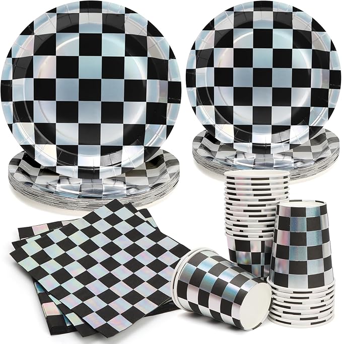 96Pcs Iridescent Checkerboard Plates Party Supplies Black and White Kpop Paper Plates and Napkins and Cups for 24 Guests Picnic Tea Wedding Kids Birthday Party Decorations