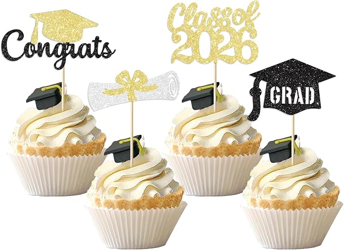 Black and Gold Graduation Cupcake Toppers Decorations Class of 2026 Cupcake Topper Graduation Cup Cake Picks Congrats Grad Party Decor Supplies Set of 24