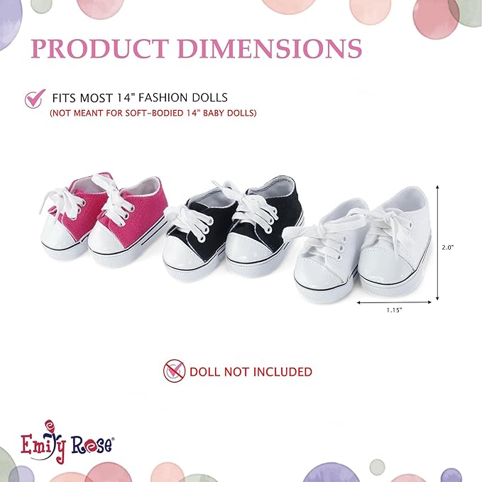 Emily Rose 14 Inch Doll Clothes Accessories | 14" Doll Shoes Value Pack 3 Pack Canvas Sneakers Gift Set | ONLY Compatible with Wellie Wishers and Glitter Girls Dolls