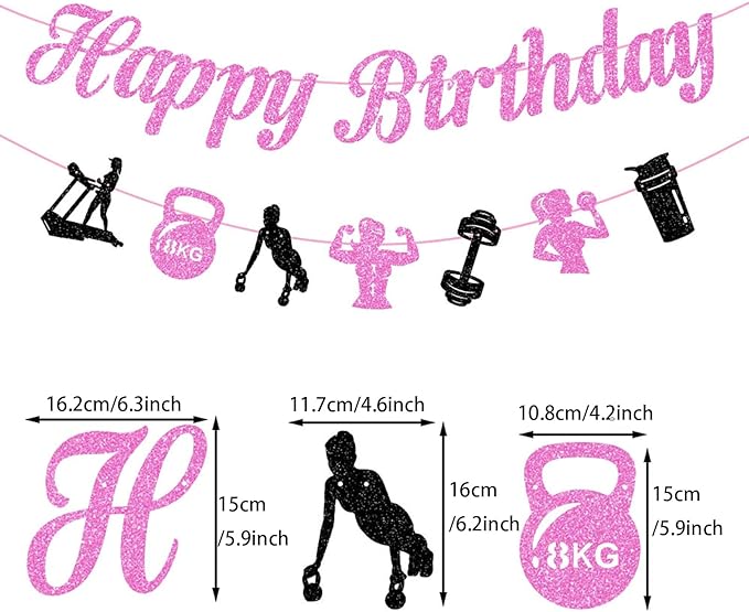 Zwiebeco Black Pink Gym Happy Birthday Banner Bunting Hanging Paper Ornament Garland Party Decoration for Fitness Dumbbells Kettlebells Weightlifting Themed Girls Women Bday Decor Accessories Supplies