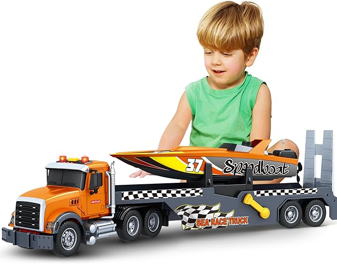 Toddler Boy Toys for 3 4 5 6 7 Years Kids, 21" Semi Flatbed Truck Toy with a Sea Race Truck, Friction Powered Vehicles Toys with Lights and Sounds, Birthday for Boy Girls