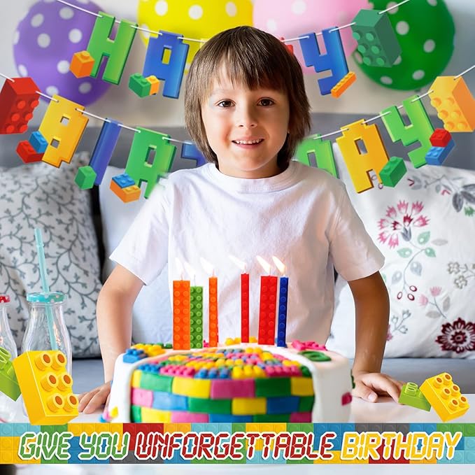 Sosation 32 Pcs Building Block Party Supplies Building Block Birthday Banner Candles Block Party Centerpiece Happy Birthday Decorations Brick Themed Party Favors for Boys Girls