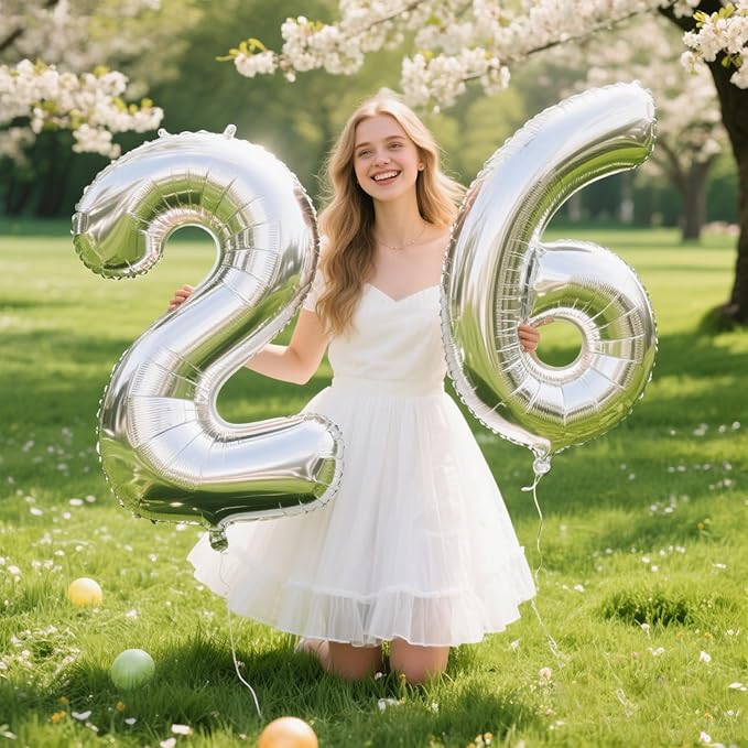 40 Inch Silver Number 26 Digital Balloon,Jumbo Mylar Foil Helium Balloon for 26 Balloons for Birthday Party,Wedding Anniversary Party Decorations