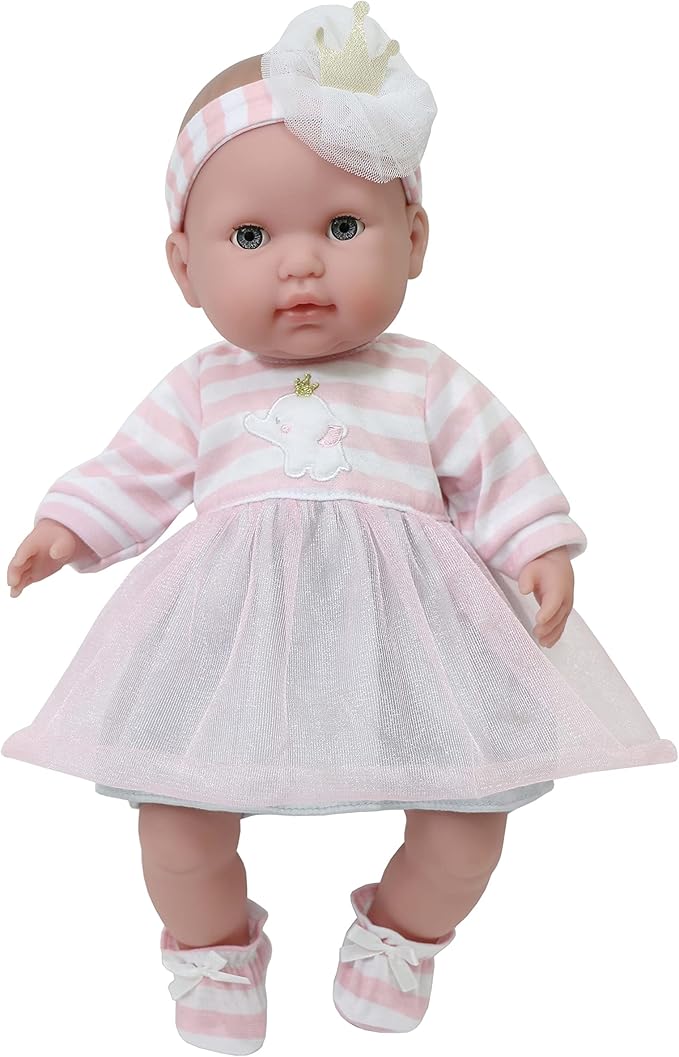 JC Toys | Berenguer Boutique | Baby Doll Outfit | Pink Striped Dress with Tulle Skirt, Shorts, Headband, and Booties, Fits Dolls 14"- 16"