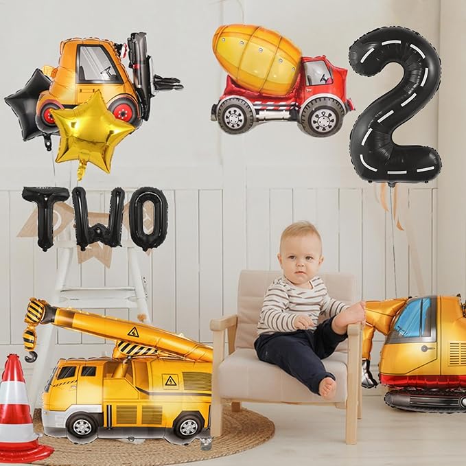 13pcs Construction Theme Birthday Party Decorations, Number 2 Large Construction Truck Traffic Cones Foil Balloon, 2nd Boy Birthday Party Decoration Supplies (2nd)