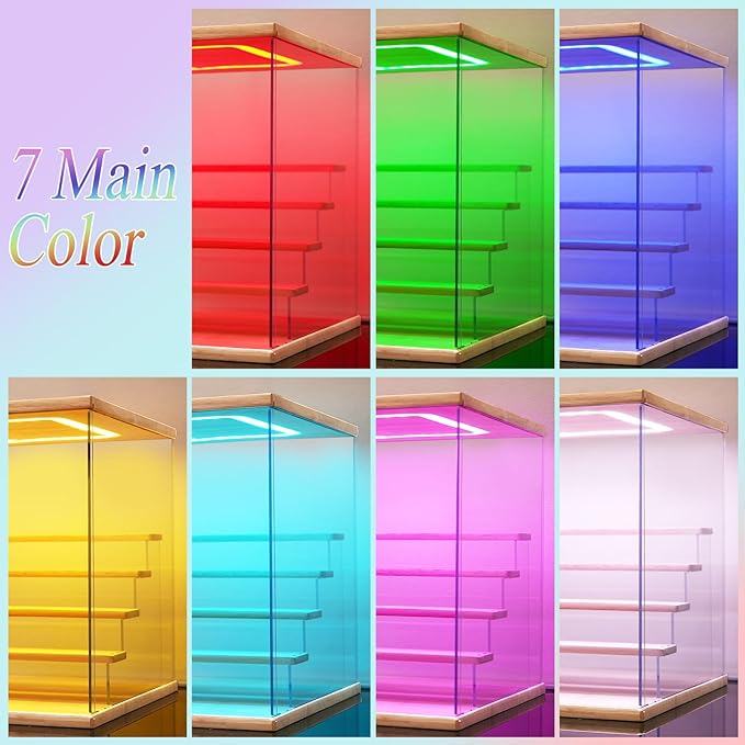 Clear Acrylic Display Case with Light , 6 Tier Multiple Color Lights Display Box Stand Assembly Dustproof Protection Showcase for Collectibles Action Figures (Wood 6 Tier L 19.7*12.6*16.5in)
