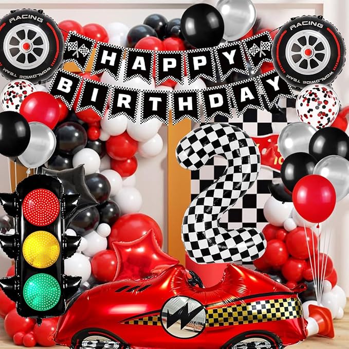 Race Car Birthday Party Decorations, with 40 Inch Number 2 Balloon, Happy Birthday Banner, Traffic Light and Foil Tire Balloon for 2nd Car Themed Birthday Party Supplies