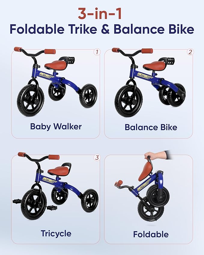 3-in-1 Foldable Tricycle and Balance Bike for Toddlers 2 to 5 Years, Tricycle for 2 Years with Adjustable Handlebar and Seat, Tricycles for 3-5 Years with DIY Plate, Blue