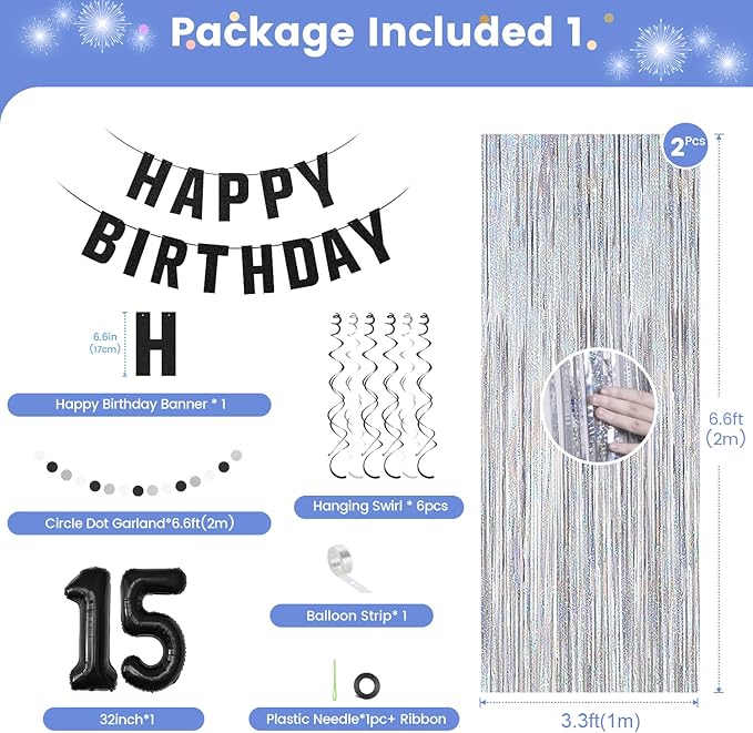 15th Birthday Decorations for Boys Girls, Silvery and Black Happy 15th Birthday Banner ,Number 15 Balloons Arch Kit for 15 year old Birthday Party Decorations