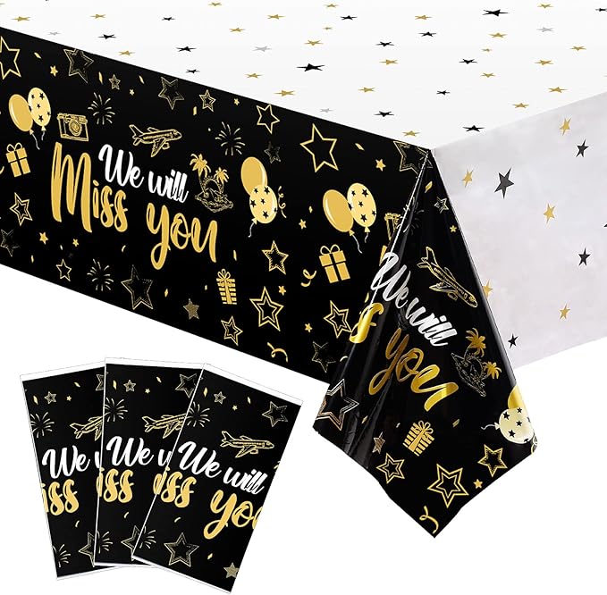 Tatuo 3 Pieces We Will Miss You Tablecloth Going Away Party Decorations Retirement Themed Table Cover Stars Disposable Plastic Table Cloth for Farewell Anniversary Party Supplies (Gold)