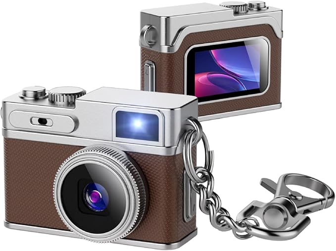 1080P HD Tiny Retro Keychain Digital Camera, with 32GB SD Card & OTG Adapter & Card Reader, 0.96" Screen Vintage Compact Micro Pocket Camera for Travel, Concert, Study Recording - (Brown)