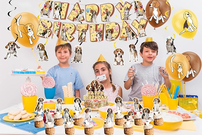 Beagle Theme Party Supplies - Birthday Decorations Including Happy Birthday Banner, Cake Cupcake Toppers, Hanging Swirls, Balloons for Dog Party