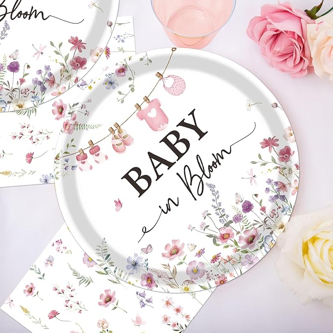 Rakuto Baby Shower Plates Napkins - 50 Pcs Baby in Bloom Baby Shower Decorations, Disposable Spring Floral Wildflower Party Tableware Set Supplies for Gender Reveal Serves 25