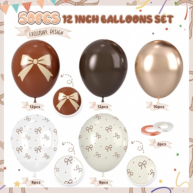 Brown Bow Balloons, 50pcs 12 Inch Dark Coffee Tan Metallic Gold Nude Sand White Clear Neutral Bow Print Balloons for Girl Women Brown Birthday Bow Theme Party Baby Shower Wedding Engagement Decoration