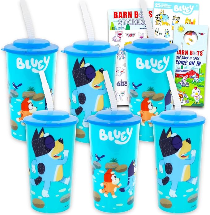 Bluey Tumbler Cups 16oz Set - Bundle with 6 Refillable Cups with Straws for School Supplies, Sports, Party Supplies, More | Bluey Water Bottles for Toddlers Birthday