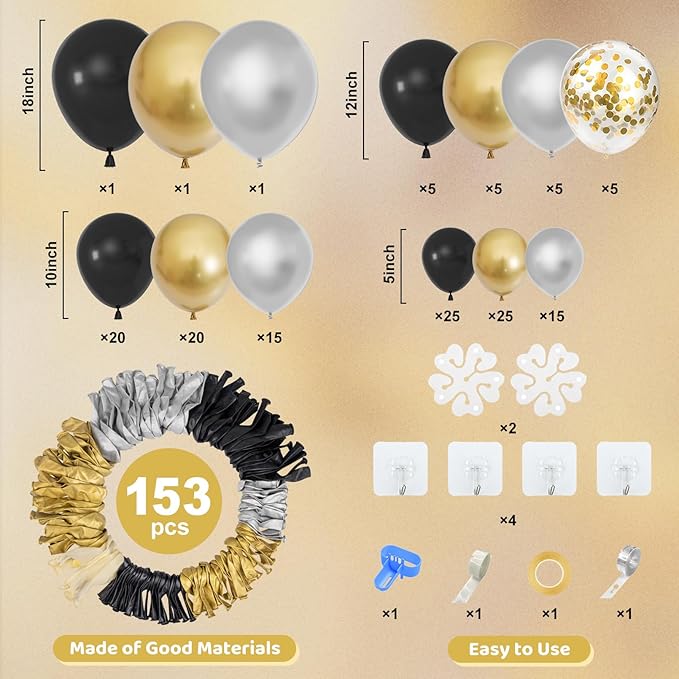 Amandir 153pcs Black and Gold Balloons Arch Garland Kit Different Sizes 18 12 10 5inch Silver Latex Metallic Confetti Graduation Balloons Class of 2026 Decorations Birthday Graduation Party Supplies