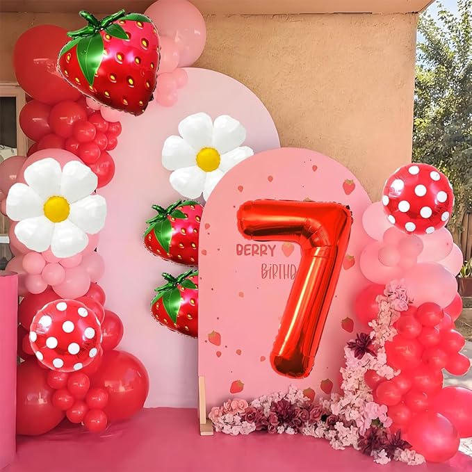 Strawberry Balloons Seventh Birthday Decorations for Girl, 40 Inch Mylar Red Number 7 Balloons, Strawberry Balloon for Strawberry Birthday Decorations, Strawberry Themed Party