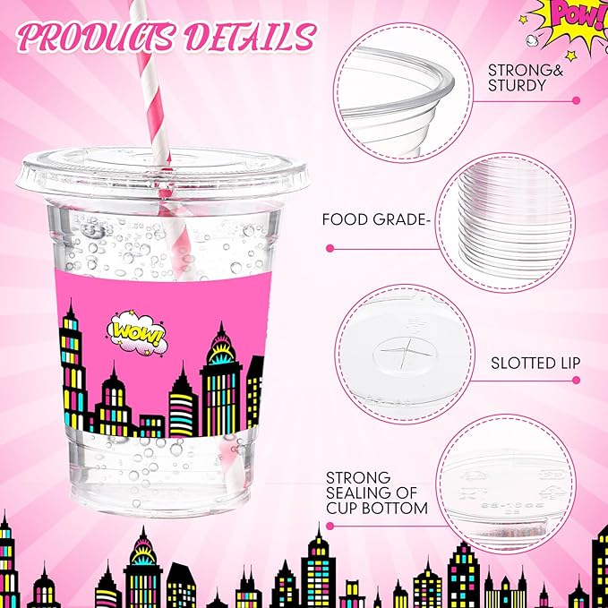 Yungyan 50 Sets Pink Hero Theme Party Plastic Cups with Lids and Straws 16 oz Coffee Juice Drinking Cups for Birthday Baby Shower Party Supplies