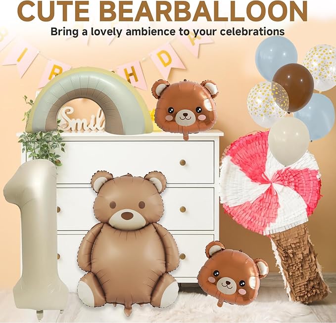 11 Pcs Bear BalloonsTeddy Bear Balloon Kit - Brown Foil & Latex Matte Anti-Reflective, Bear Baby Shower Beary First Birthday Party Decor, 12-40 Inch Large Bear Head Number 1 Rainbow Balloons