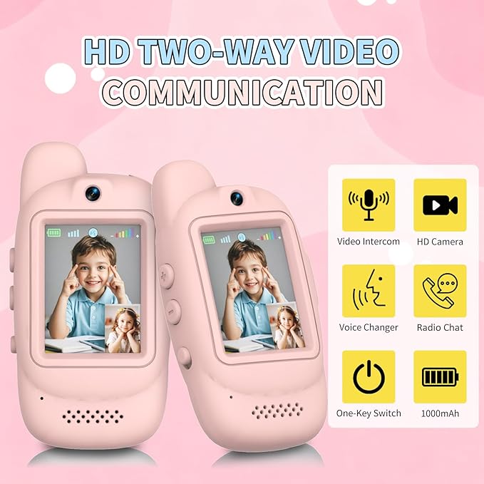 Video Walkie Talkies for Kids, Handheld 2 Pack Rechargeable Kids Video walkie talkies,Long Range Ideal for Family Games, Outside, Camping, Hiking (Pink - A)