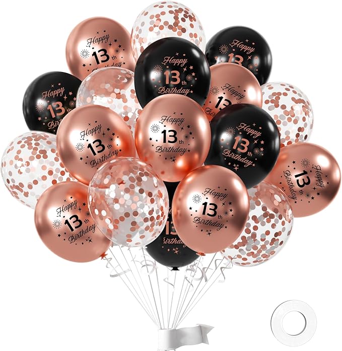Rose Gold 13th Birthday Balloons for Girls 13th Birthday Party Decorations,12inch 15pcs Rose Gold Black Happy 13th Birthday Balloons, Party Balloons Confetti Balloons for Girls Party Deocorations