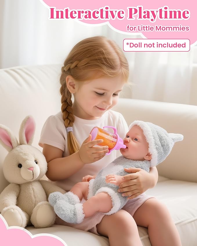 BABESIDE Baby Doll Accessories – 13 Pcs Feeding Set with Magic Bottles, Pacifiers, Bibs, Diapers & Carry Bag, Pretend Play Kit for 12–15 Inch Dolls