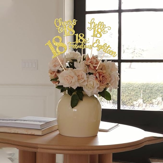 15PCS Happy 18th Birthday Centerpiece Sticks Hello 18 Fabulous Table Flower Centerpieces Sticks Eighteen Cheers to 18 Years Floral Decoration for Happy 18th Birthday Party Centerpieces Sticks Gold