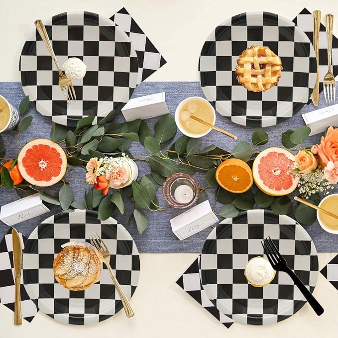 60Pcs Black and White Checkered Race Car Party Supplies,Racing Themed Tableware Set 7"Racing Dessert Paper Plates and Napkins,Fork for Kids Car Sports Race car Themed Birthday Party Decor (Car Set)