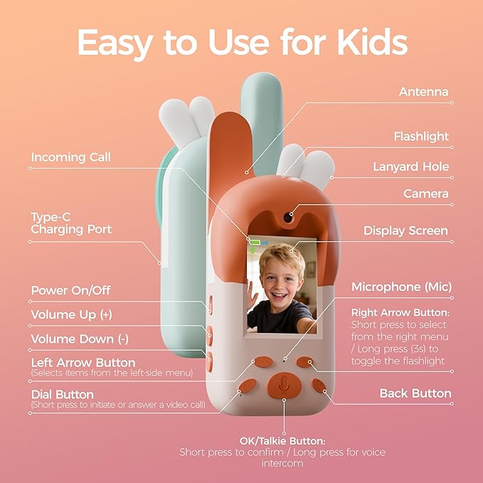 Video Walkie Talkies for Kids, Rechargeable Kids Walkie Talkies 2 Pack w/Screen for Boys & Girls Ages 3-12, Birthday Christmas Toys Gifts for Family Games, Outdoor Play, Camping, Orange & Green