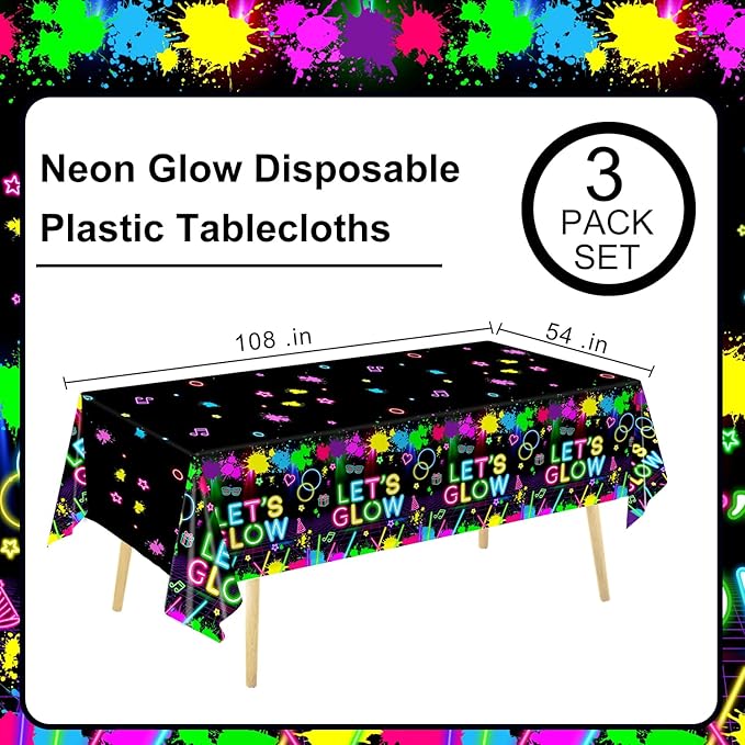 Oigco 3 Pcs Neon Tablecloth, Neon Party Decorations Let's Glow Table Cover for Birthday Glow in The Dark Party Supplies, 54 x 108 Inch