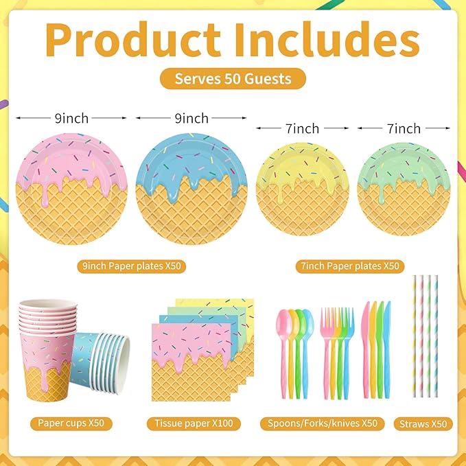 450 Pcs Ice Cream Tableware Set Decorations Summer Ice Cream Cone Paper Plates Napkins Cups Cutlery Straws for Sweet One Birthday Baby Shower Party Supplies, Serves 50