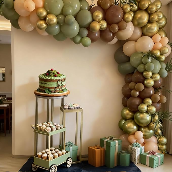 FunHot Sage Green Brown Balloons, 50 Pcs Safari Balloons, Metallic Green Apricot Latex Balloon, 12 Inch Jungle Balloon for Boy Baby Shower Forest Birthday Camo Wild Woodland Party Decorations