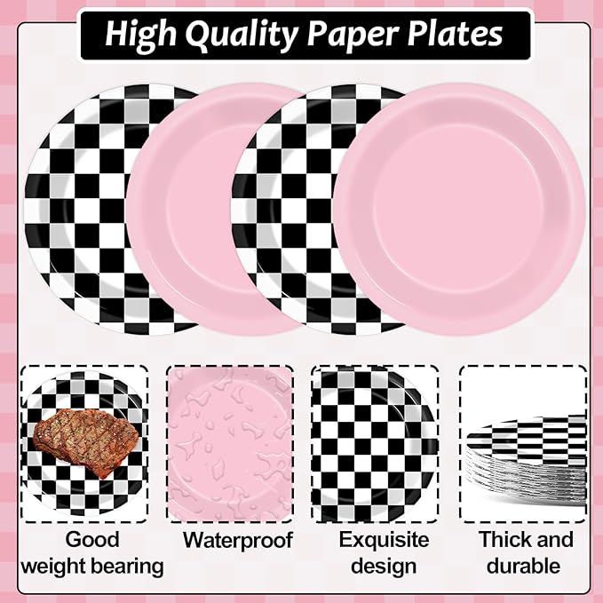 48Pcs Pink Checkered Birthday Paper Plates for Racing Car Theme Party Supplies 7" Hot Pink Race Car Disposable Black White Checkered Plates for Kids Girls Birthday Baby Shower Party Decorations