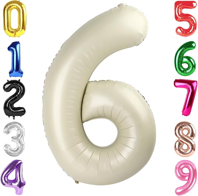 40 Inch Cream Number 6 Balloon, Giant 6 Number Balloons for 6th Birthday Decorations, Party Supplies for Baby Boy Girl, Cream Party Decor