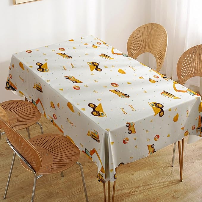 2 Pack Construction Party Tablecloth for Kids, Digger and Excavator Theme Table Cover, 108x54 Inch Truck Birthday Party Decors for Boys, Rectangle Waterproof Table Cloth