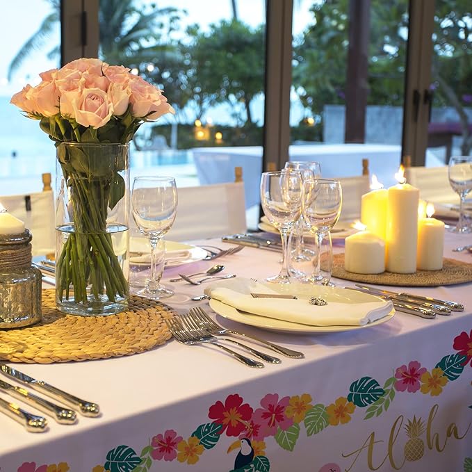 Tropical Luau Party Supplies Flamingo Disposable Tablecloth Plastic Waterproof Table Cover for Hawaiian Beach Party Decorations, 3 Pack 54X108inch