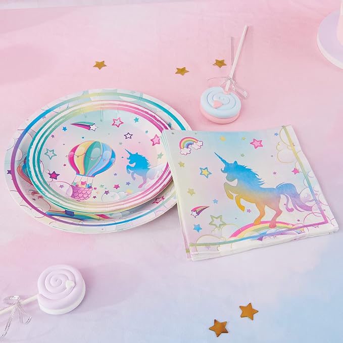 WERNNSAI Unicorn Party Plates and Napkins - 48 PCS Rainbow Unicorn Party Supplies for Girls Disposable Dinner Dessert Plates Napkins Tableware Set Serves 16 Guests
