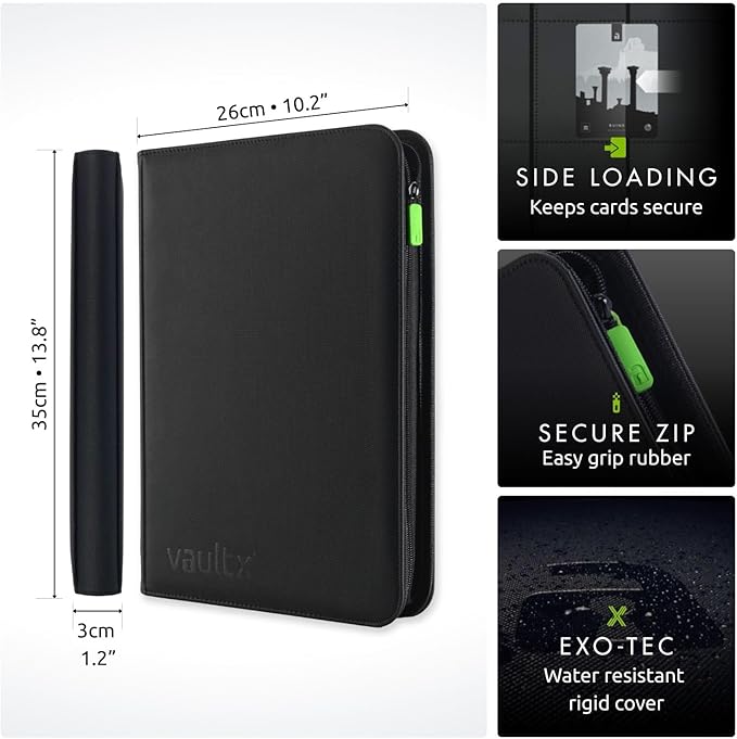 Vault X 9 Pocket Trading Card Zip Binder, 360 Cards, Premium Exo-Tec Album Material, 20 Side-Loading Pages, Folder for Collectible Games, Sports, TCG (Black)