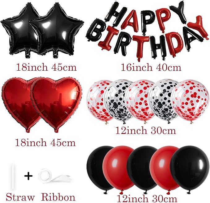 27 Pcs Black Red Birthday Decorations, 3D Letters Black Red Happy Birthday Balloon Banner, Pentagram Heart Foil Balloons Confetti Balloons Kit For Boys Girls Party Supplies