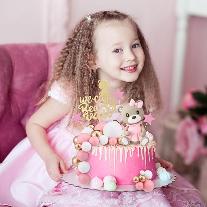 Yinder 37 Pcs Bear Cake Decoration Toppers for Baby Shower Decorations with Balls We Can Bearly Wait Happy Birthday Mini Bear Figurine Cake Party Birthday Supplies (Novel)