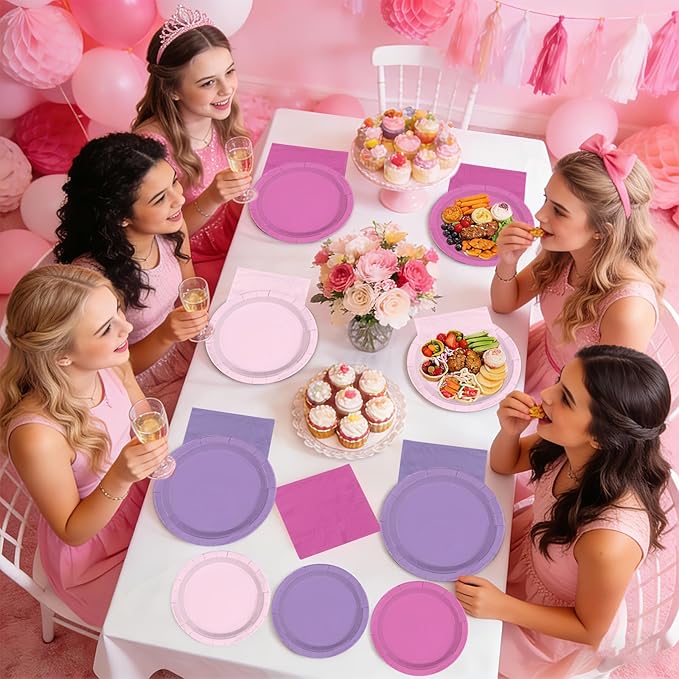 96Pcs Purple Pink Birthday Party Decoration Light Plates and Napkins Hot Pink and Purple Disposable Paper Tableware Set for Girls Birthday Bridal Baby Shower Wedding Party Supplies Serves 24