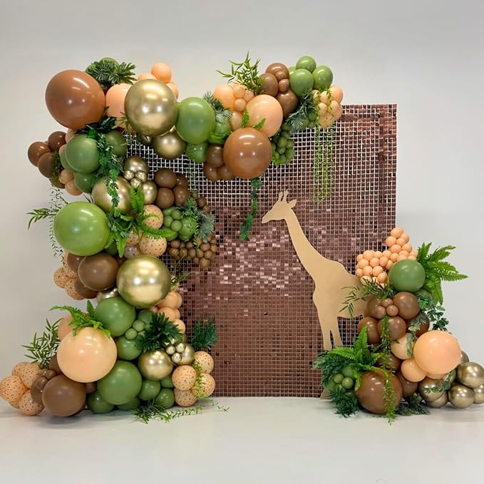 Green and Brown Balloons,12 Inch Sage Green Nude Metallic Gold and Brown Latex Balloons with Ribbon,for Birthday Baby Shower Camo Woodland Jungle Safari Party Decorations